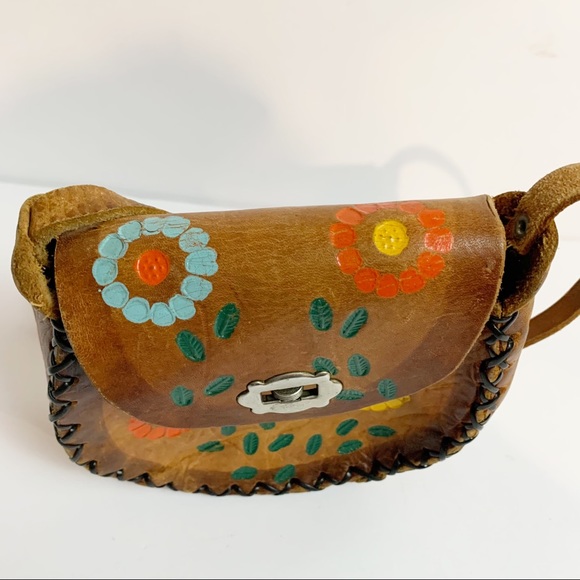 Tooled Leather Boho Hippie 70’s Small Flower Power Braided Purse Swivel Closure - Picture 5 of 13